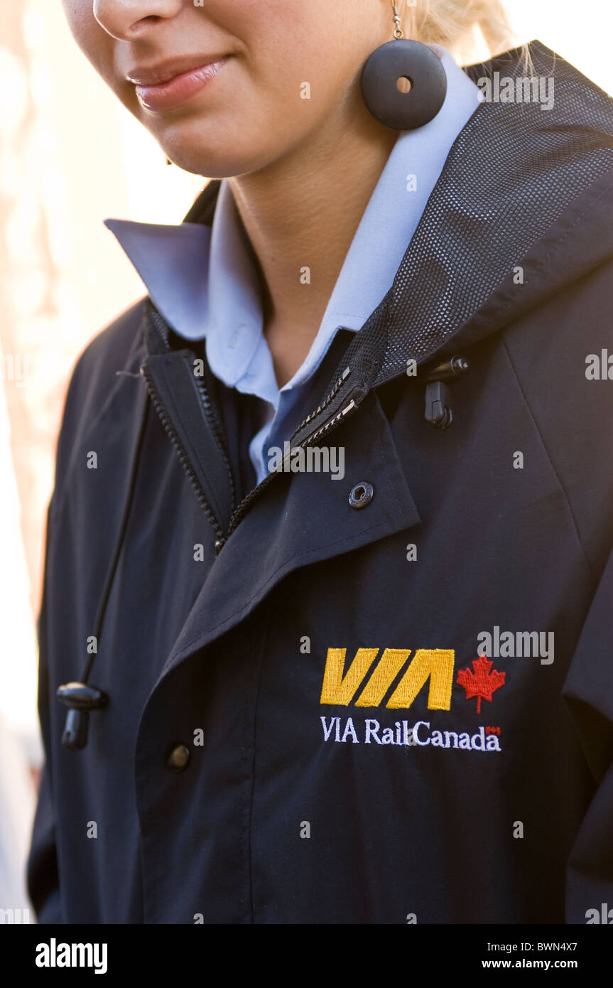 Via Rail train attendant on Churchill to Winnipeg route, Cape Merry, Churchill, Manitoba. Stock Photo