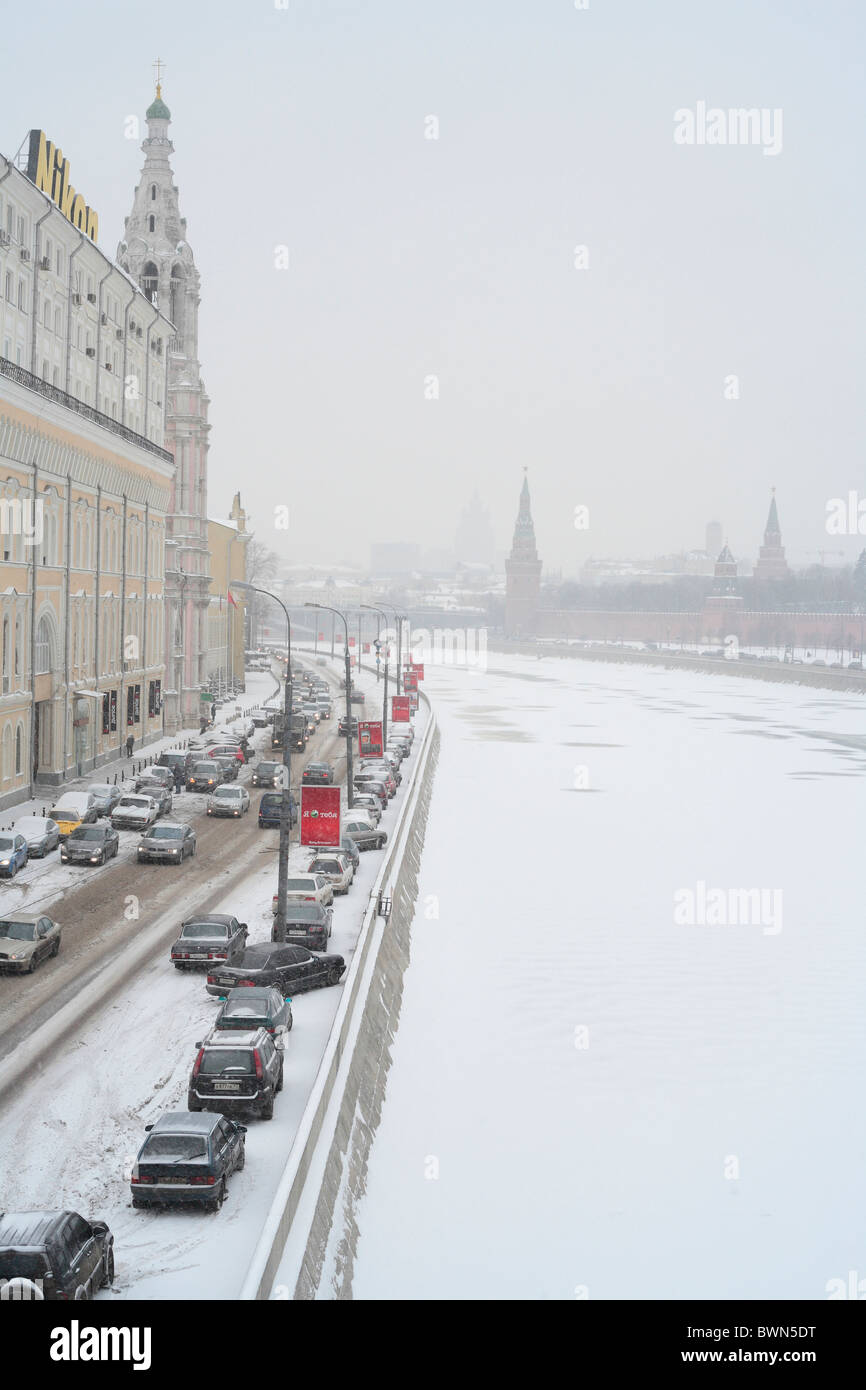 Russia Moscow Embankment winter snowy day travel trip Europe Architecture cold river traffic cars frost Stock Photo