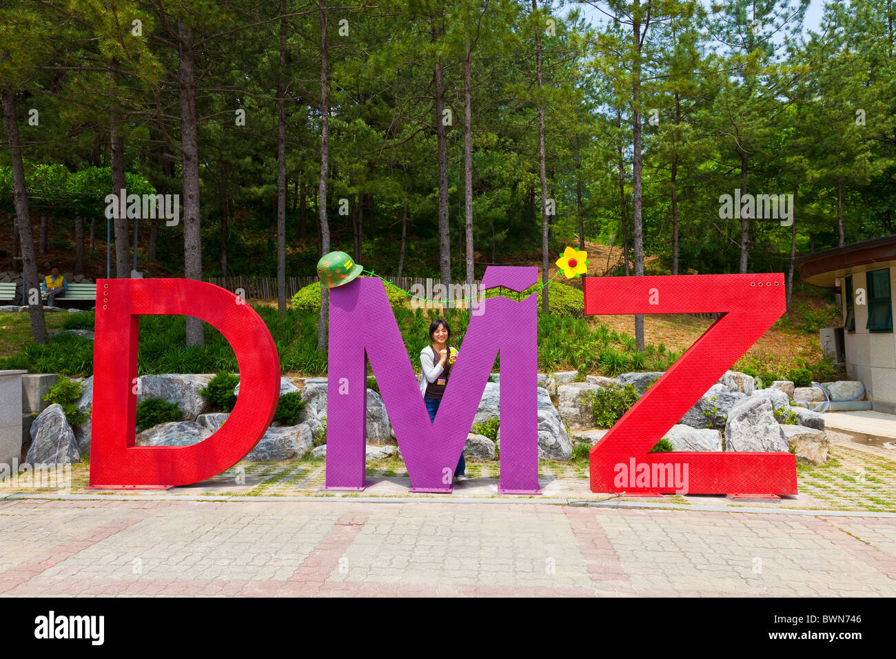 DMZ in 3d lettering near the entrance to the Third Tunnel near the Demilitarized Zone between South and North Korea. JMH3799 Stock Photo