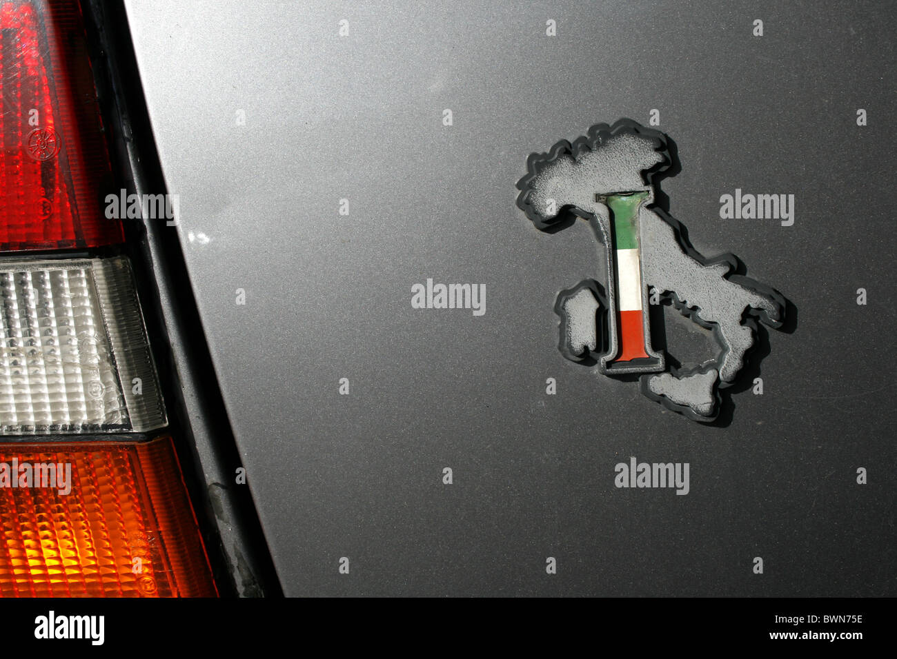 italy sticker on the back of a car in rome, italy Stock Photo