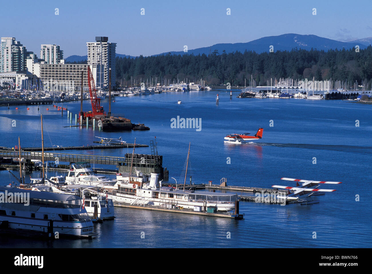 Canada North America America Float Plane Vancouver British Columbia harbor harbor aeroplane boats water for Stock Photo