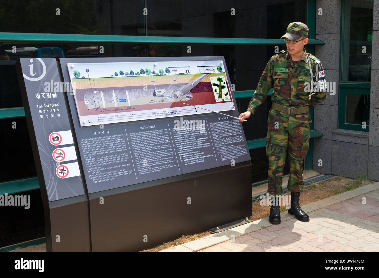 South Korean soldier explains the Third Tunnel for visitors to the DMZ Demilitarized Zone Panmunjeom South Korea. JMH3801 Stock Photo