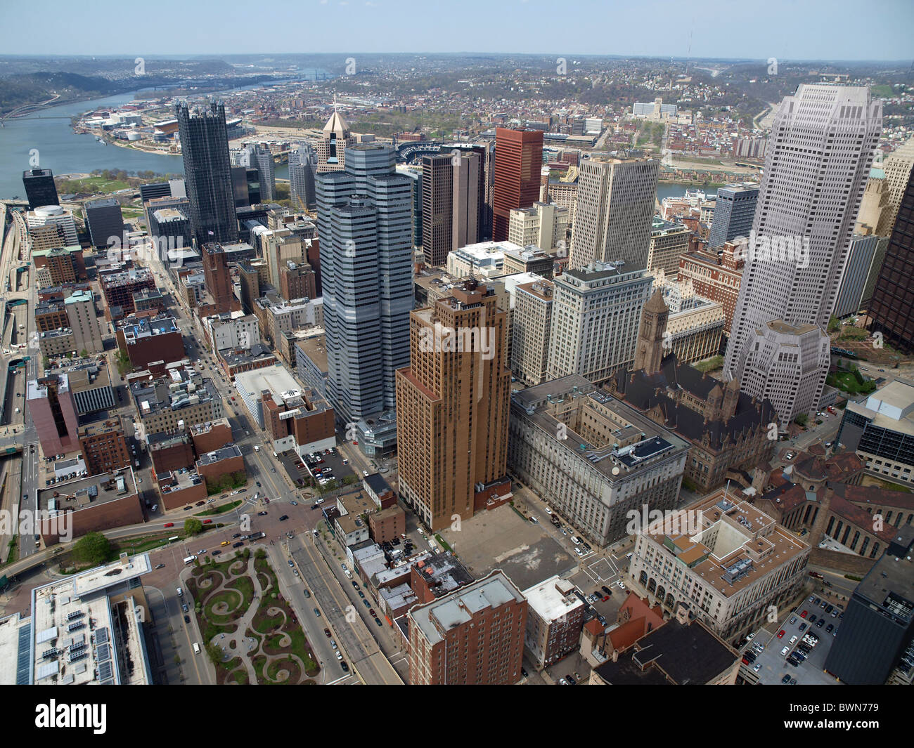 Pittsburgh Pennsylvania and the Ohio River from above. Stock Photo