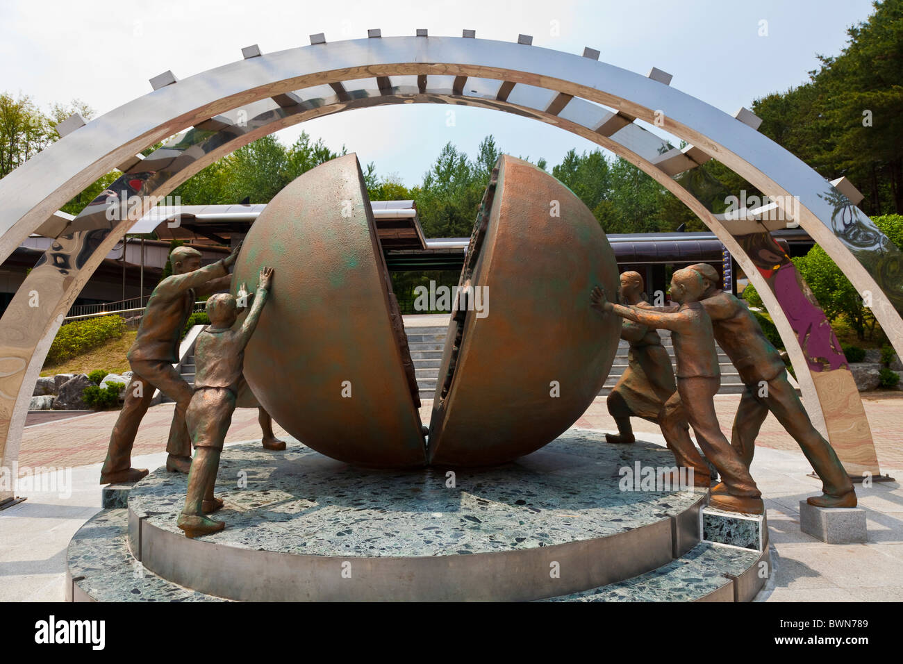 Re-Unification Sculpture at the entrance to the Third Tunnel at the DMZ Demilitarized Zone Panmunjeon South Korea. JMH3804 Stock Photo