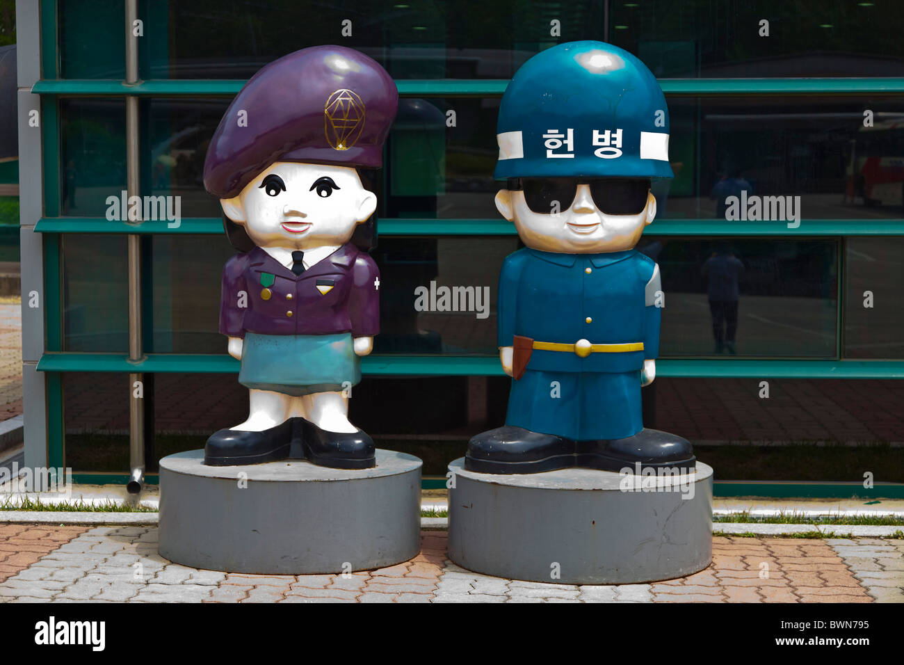 Cartoon Police Officer Soldier statue near entrance to Third Tunnel at DMZ Demilitarized Zone Panmunjeon South Korea. JMH3806 Stock Photo