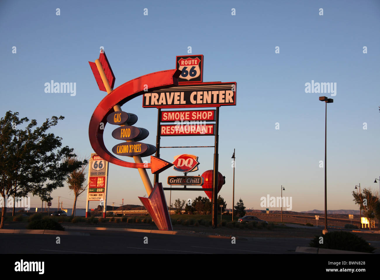 Route 66 Travel Center roadside neon sign on Interstate 40 in Albuquerque, New Mexico, United States, June 16, 2010 Stock Photo