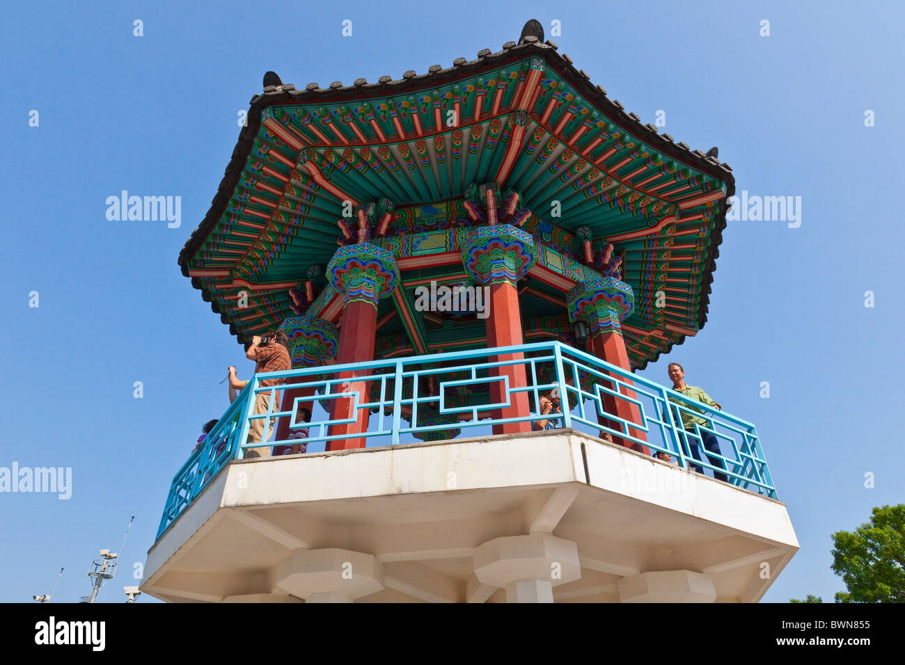 Pagoda Observation Platform overlooking UN buildings and North Korea, DMZ Demilitarized Zone, South Korea. JMH3833 Stock Photo
