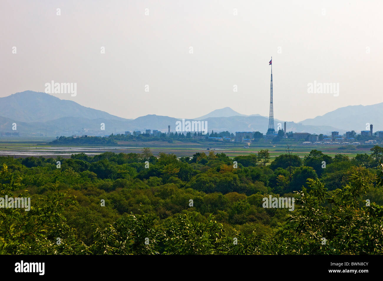 North Korean flagpole in Kijong-dong, 'Propaganda Village', seen from the JSA Joint Security Area, DMZ, South Korea. JMH3843 Stock Photo