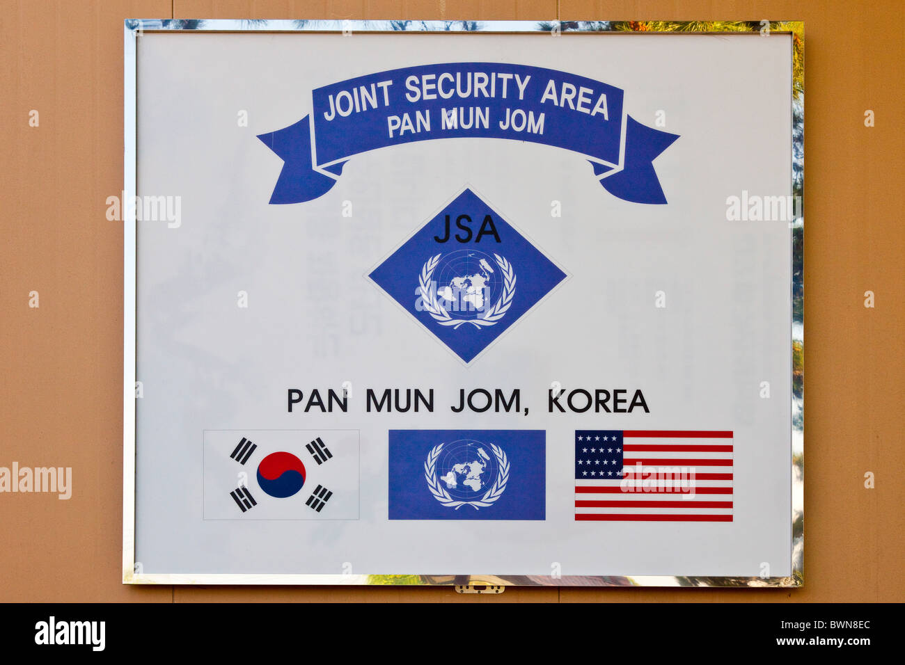 JSA Joint Security Area sign, DMZ Demilitarized Zone, South Korea. JMH3845 Stock Photo