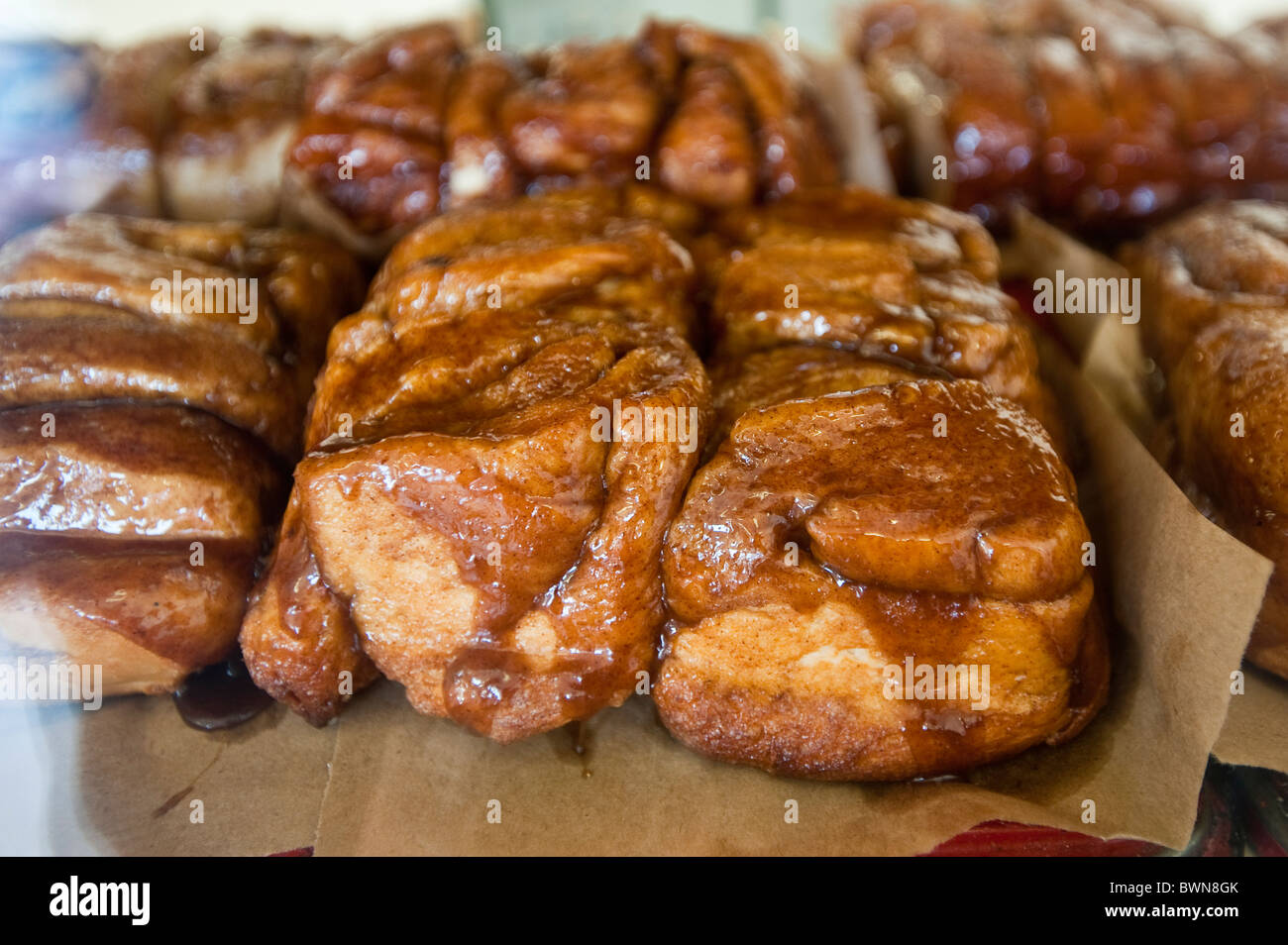 Sticky buns at Kelly's bake shop, Alma, New Brunswick, The Maritimes, Canada. Stock Photo