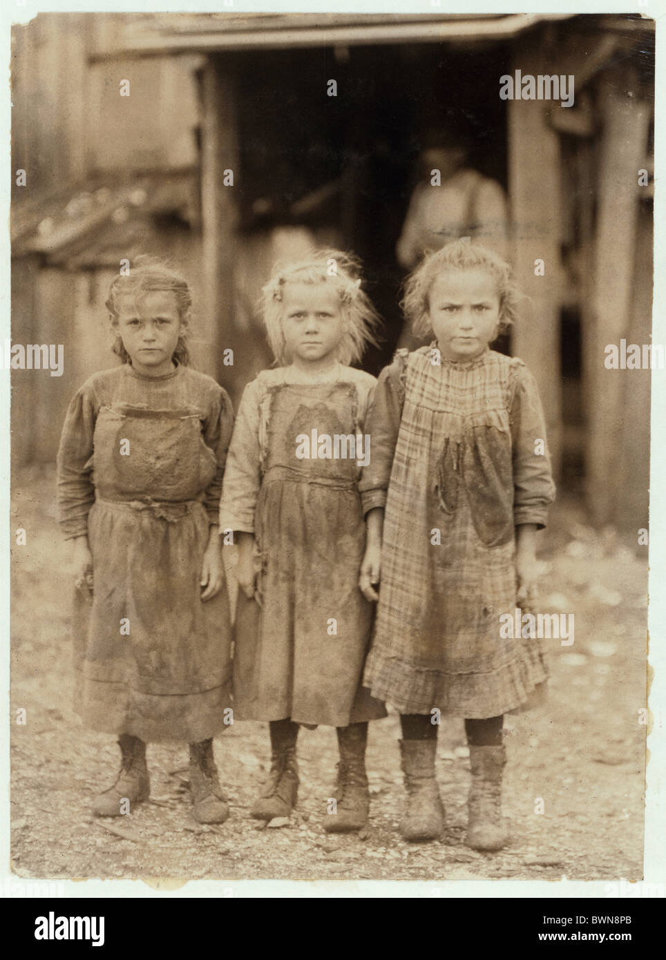 Child labor 1911 February shuck oysters regularly Maggioni Canning Co Port Royal South Carolina history histori Stock Photo