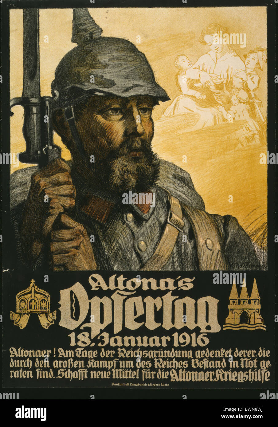 World War I Altona Opfertag Januar 18 1916 Poster German soldier; Altoners contribute war aid Altona Offering Stock Photo