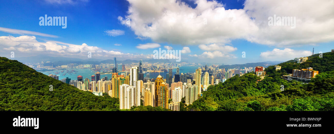The Peak is Hong Kong's premier visitor attraction, providing Victoria harbour and city views. Panorama panoramic day daytime Stock Photo