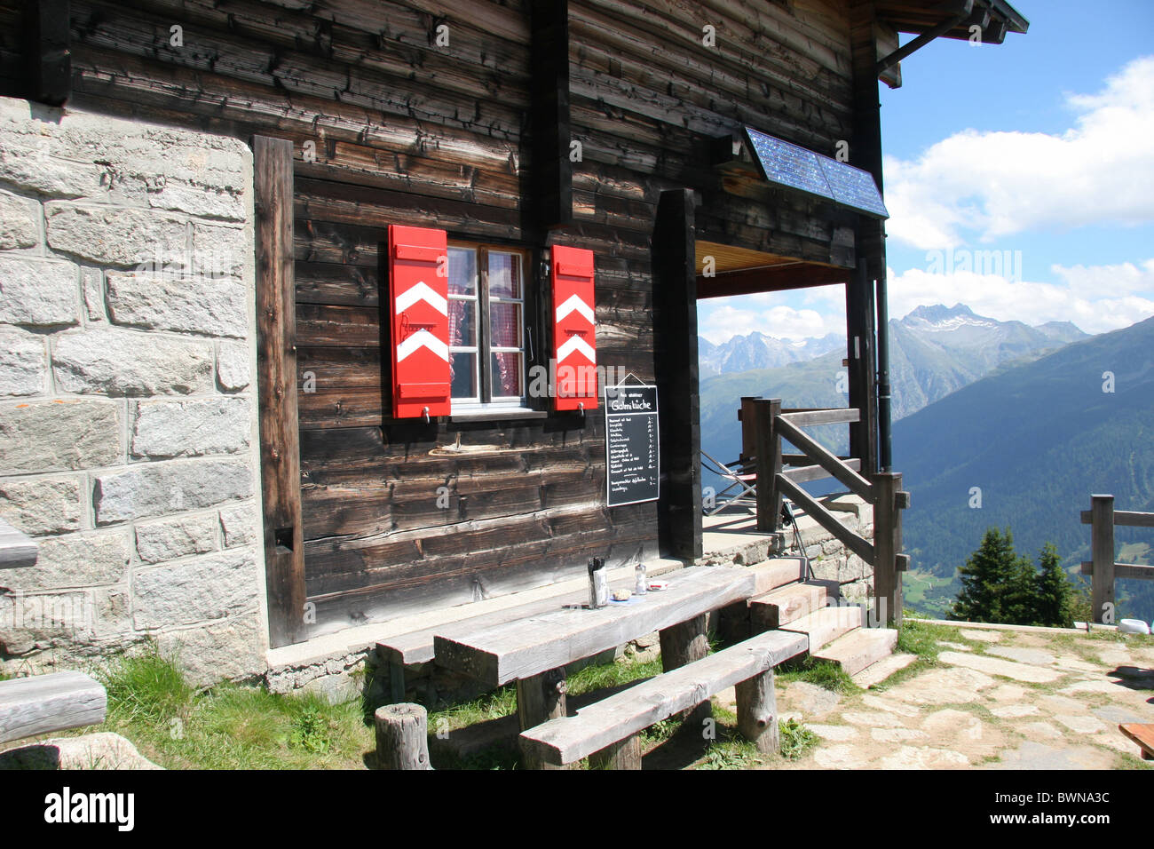 Switzerland Europe Canton Valais Goms Galmihornhutte Galmihorn hut SAC hut cabin alpine alps mountains hiki Stock Photo