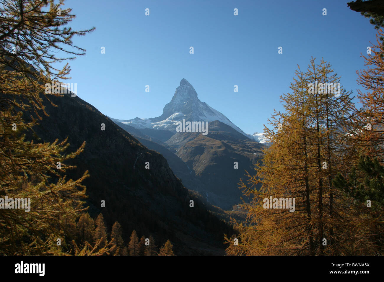 Switzerland Europe Canton Valais Zermatt Matterhorn autumn mountain mountains alps alpine landscape larches Stock Photo