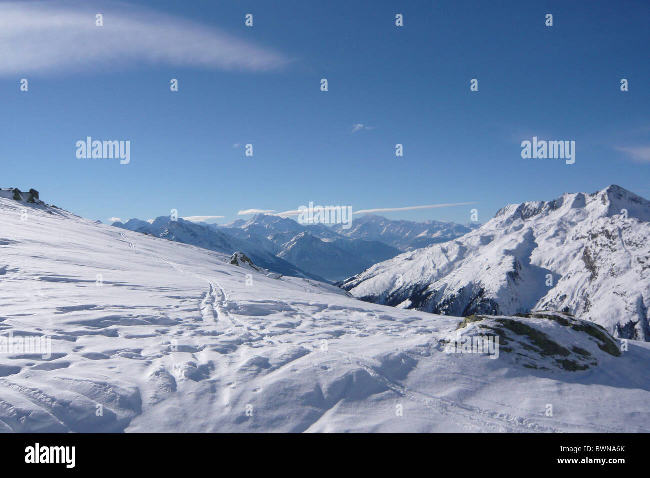 Switzerland Europe Canton Valais Bellwald Goms skiing area winter snow snowed alps alpine mountains landsc Stock Photo