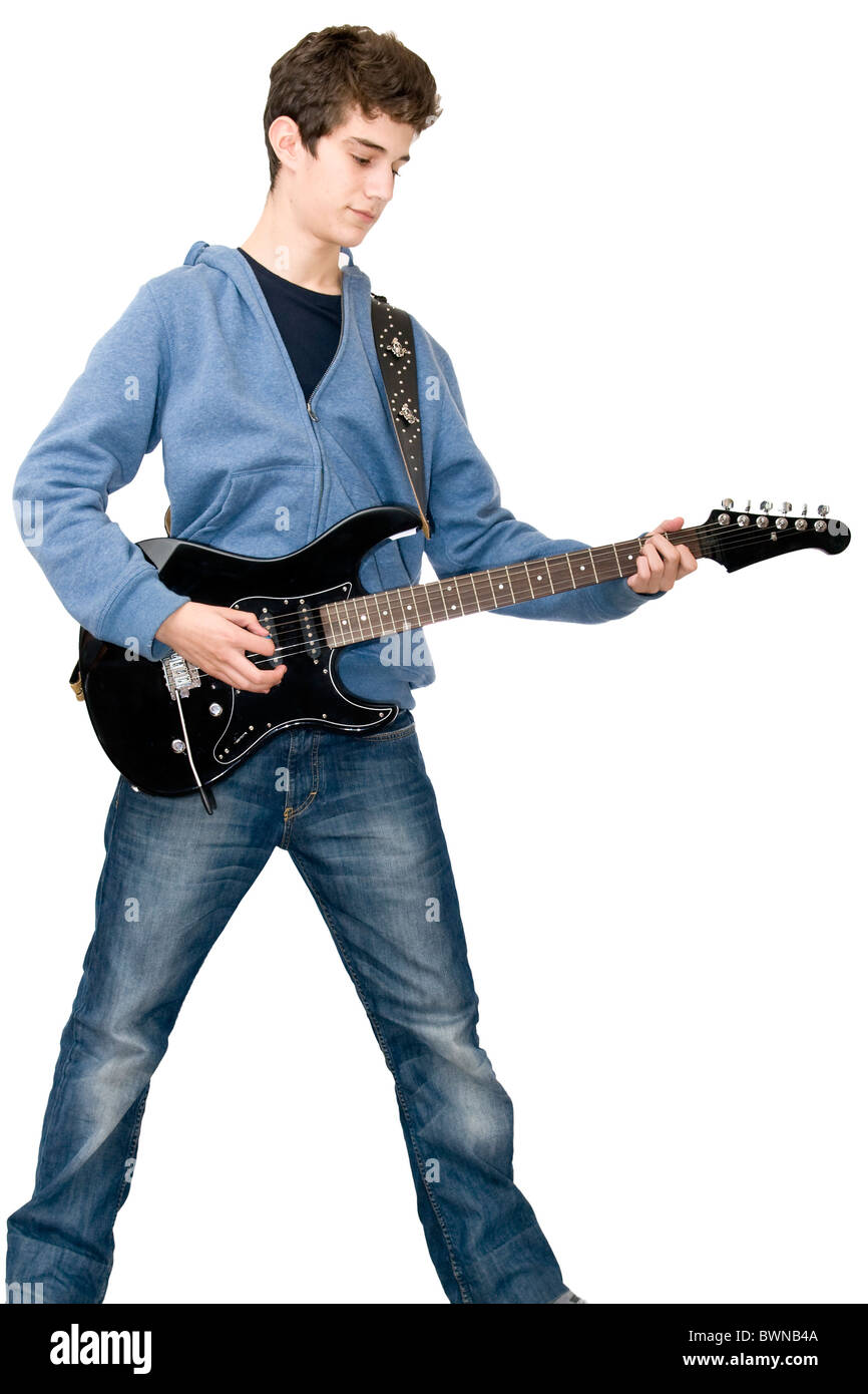 Teenager playing electric guitar on white background Stock Photo