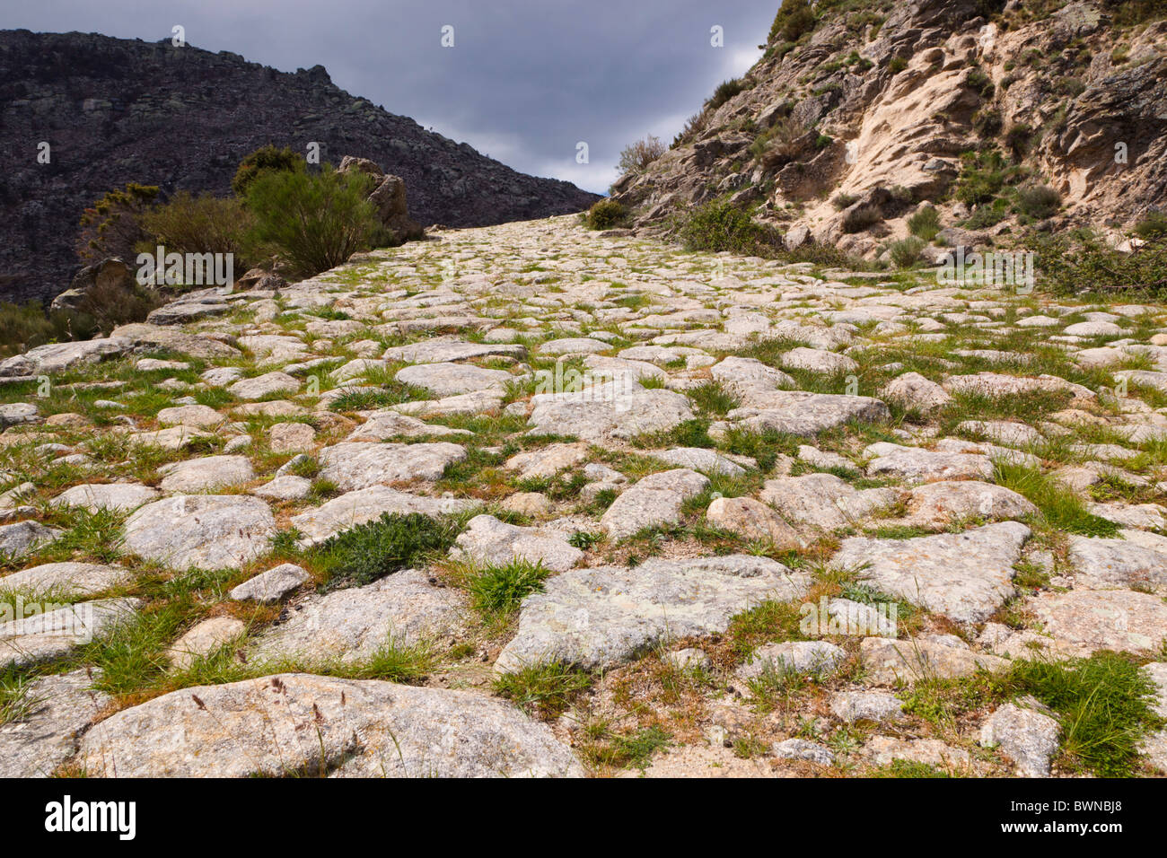 Roman road at Puerto del Pico, near Mombeltran, Sierra de Gredos, Avila Province, Spain. Stock Photo