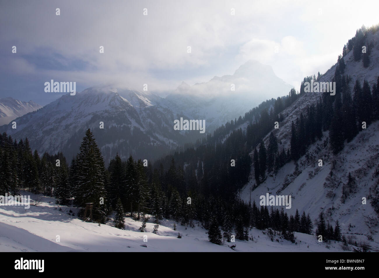Winter landscape in the Alps of the Austrian Kleinwalsertal Stock Photo