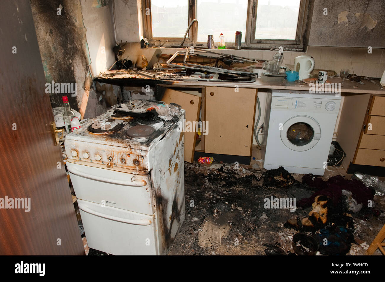 Domestic house kitchen fire Fire & Rescue Service UK Stock Photo Alamy