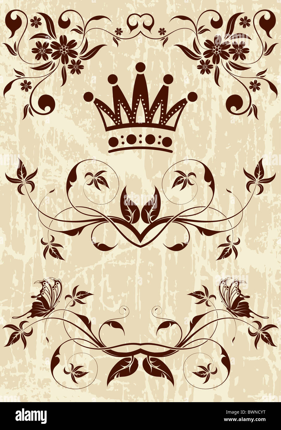 Grunge Floral frame with Crown, vector illustration Stock Photo - Alamy