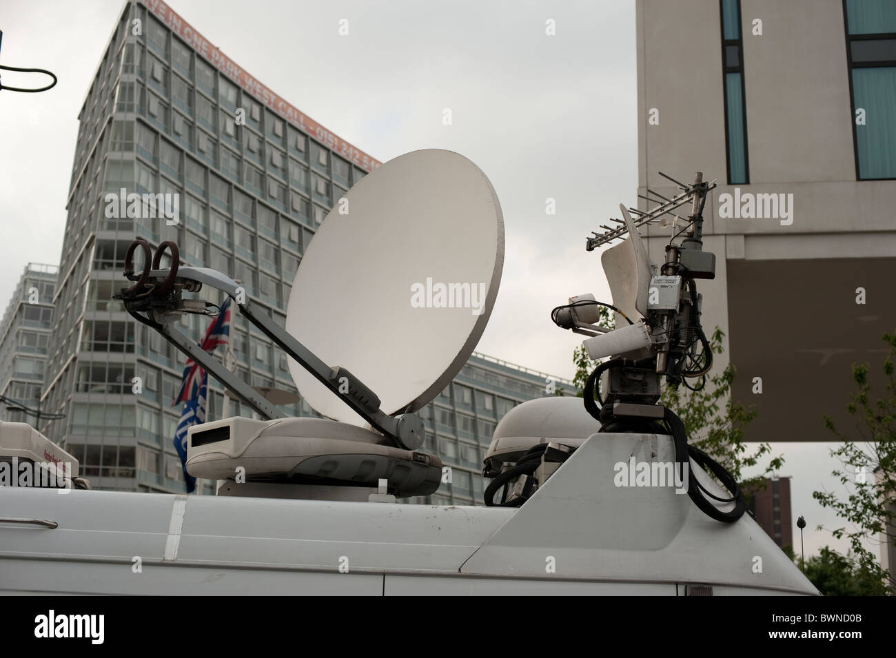 TV Satellite Broadcasting Van Stock Photo