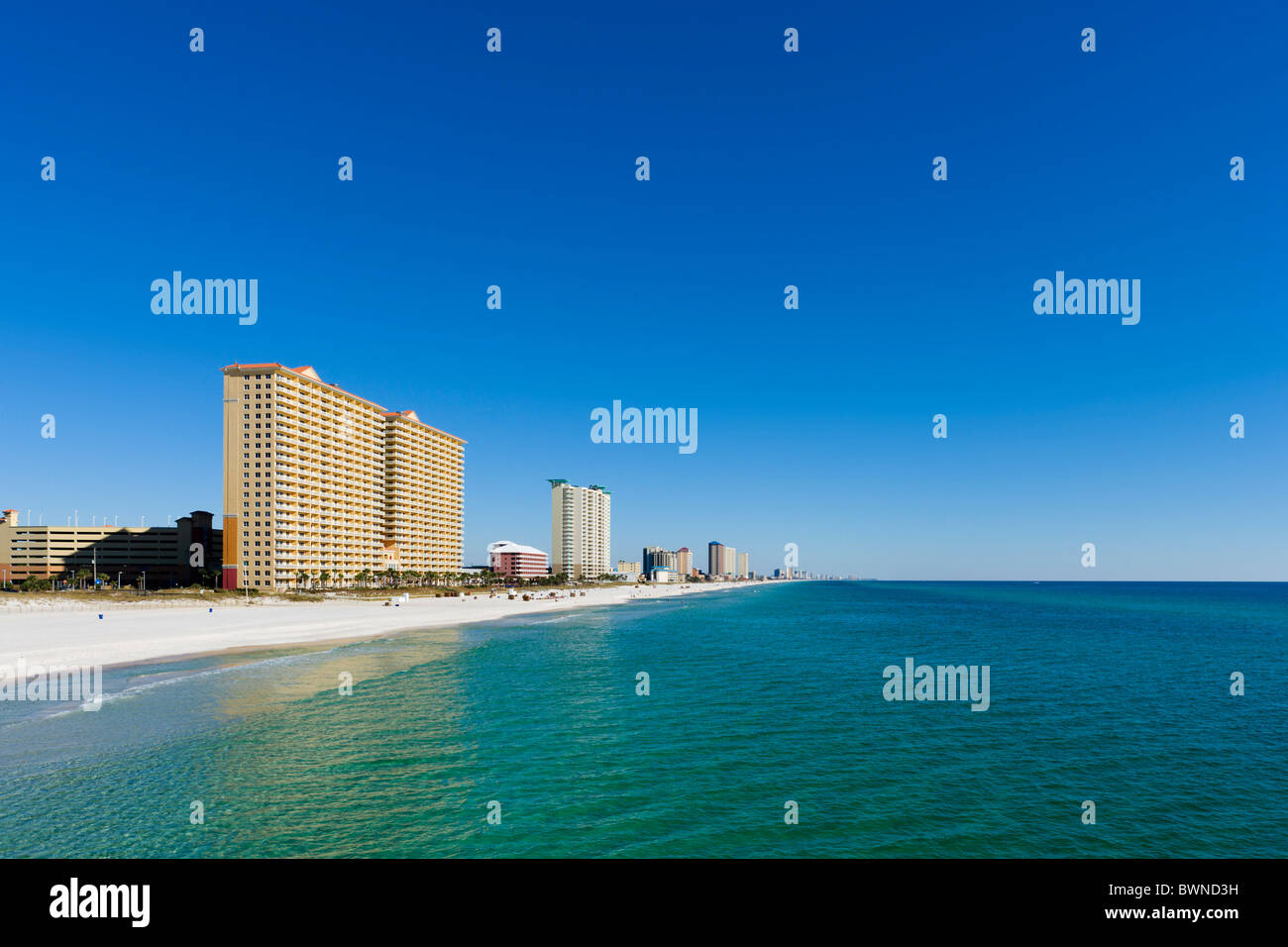 View of the beach from City Pier, Panama City Beach near Pier Park, Gulf Coast, Florida, USA Stock Photo