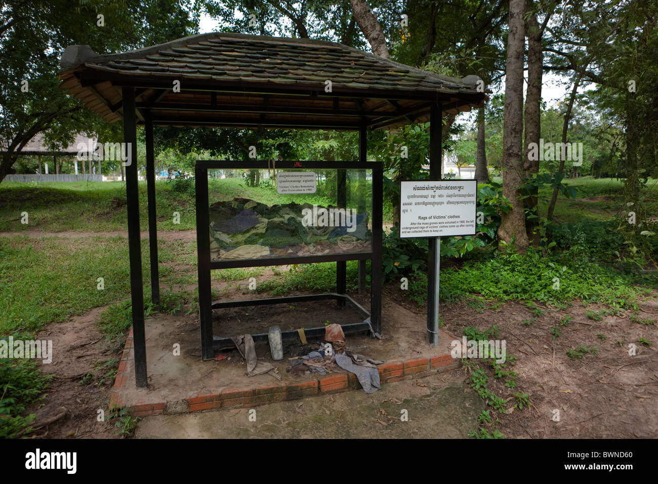 The Killing Fields National Memorial, Phnom Penh. Assorted clothes excavated at the site Stock Photo