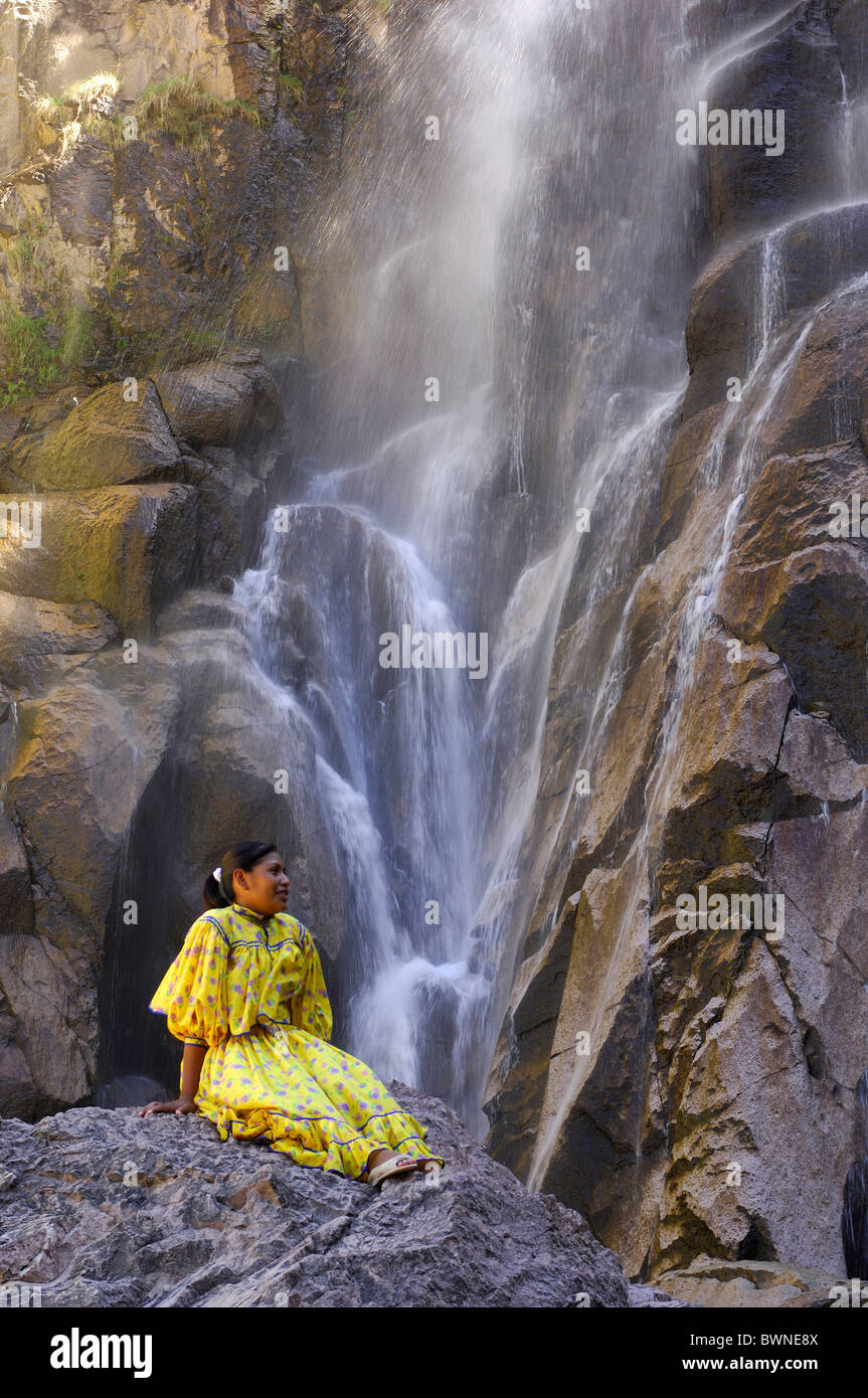 Mexico Central America America Tarahumara woman Cusarare Waterfall near