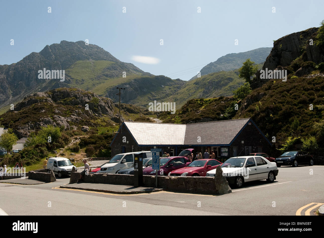 Climbers Cafe and Car Park in Snowdonia Capel Curig Stock Photo