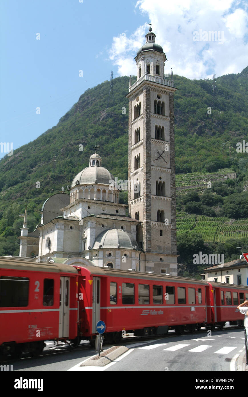 Italy Europe Tirano Valtelline valley Valtellina Bernina Express Piazza Basilica Santuario della Madonna di Tir Stock Photo