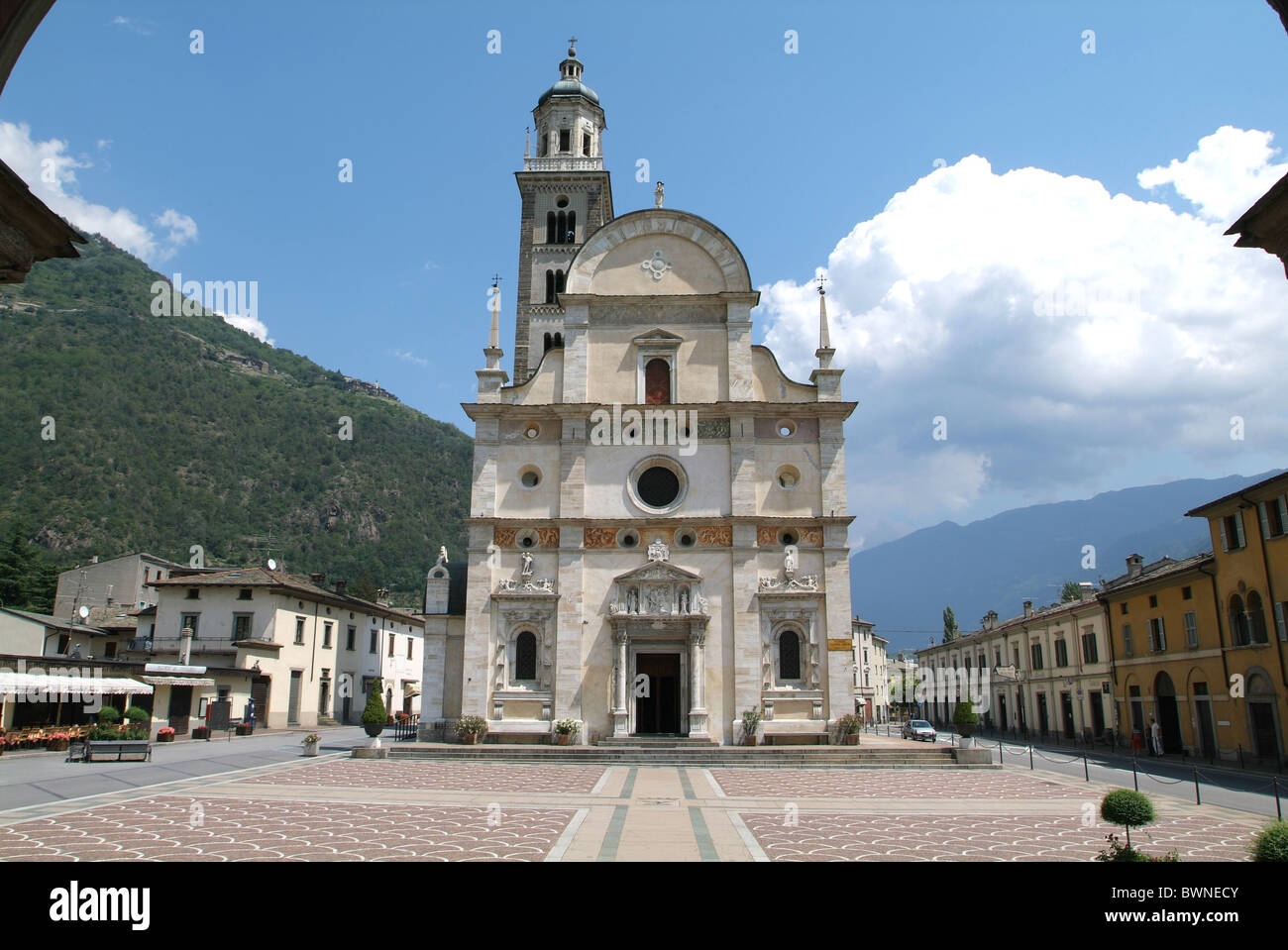 Italy Europe Tirano Valtelline valley Valtellina Piazza Basilica Santuario della Madonna di Tirano Lombardy reg Stock Photo
