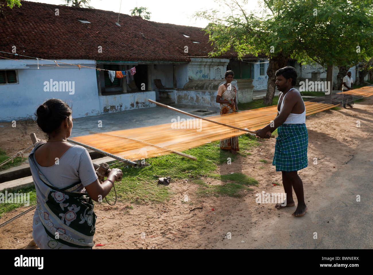 Drying silk yarn ;old tradition practiced by weavers in Kanchipuram