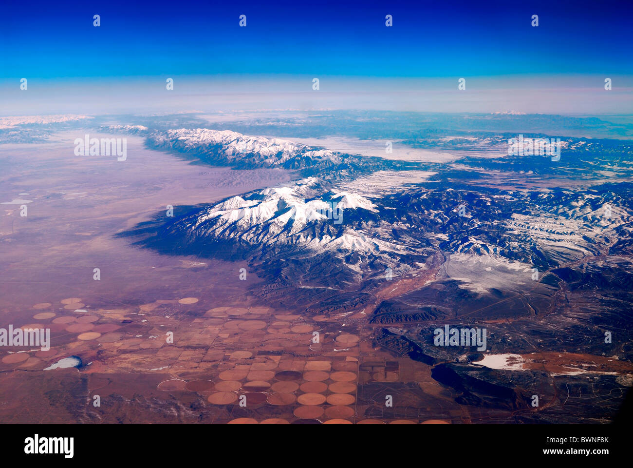 Snow Mountain Aerial View. Photo taken from airplane near Phoenix, Arizona. Stock Photo