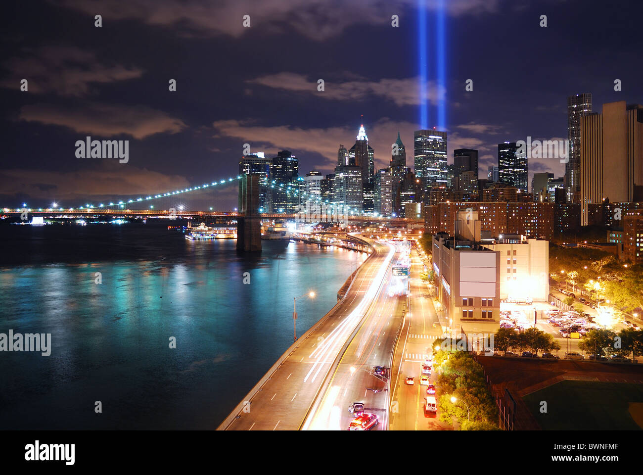 New York City Manhattan panorama view at night with office building ...
