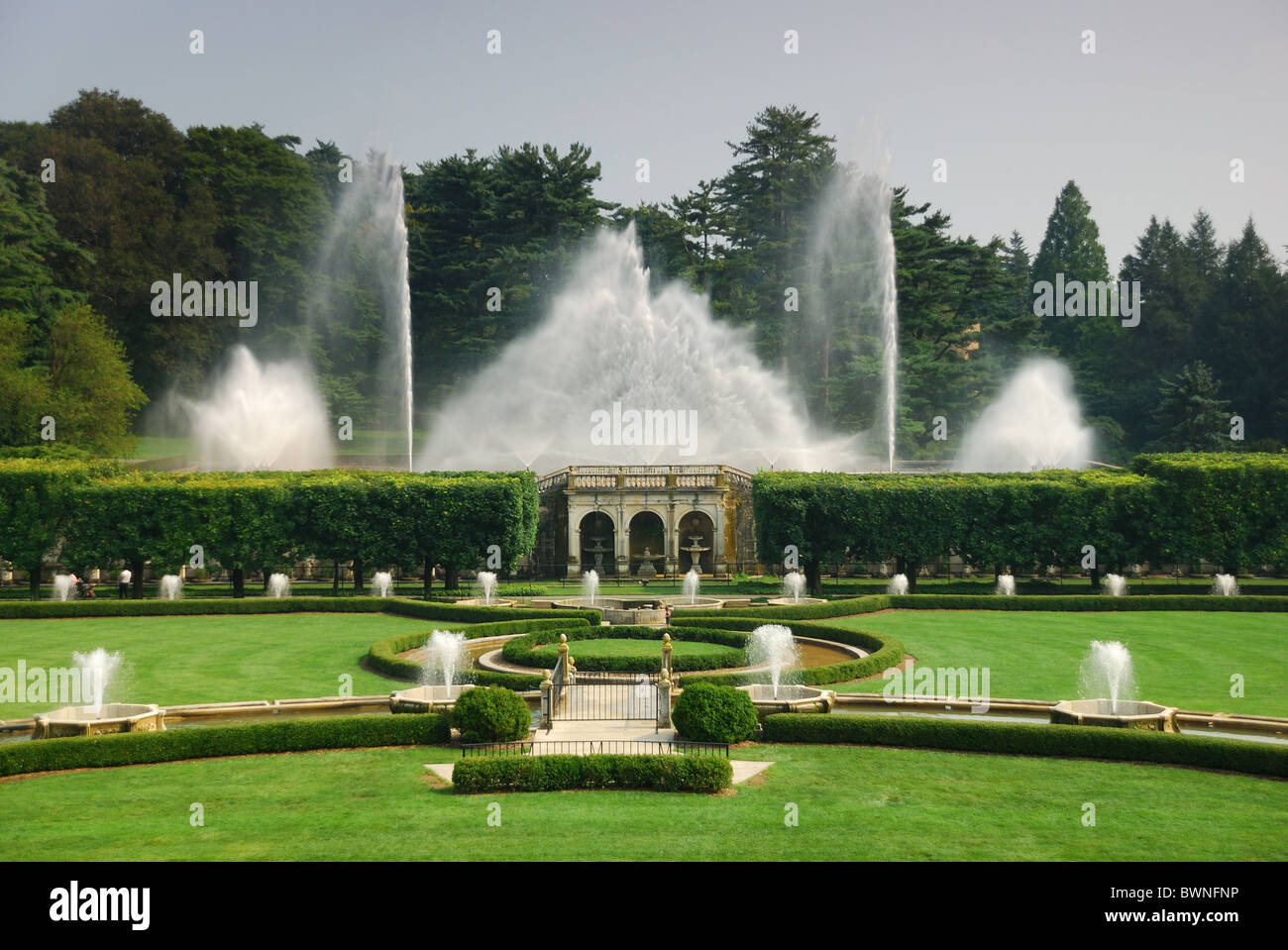 Fountains in garden with green lawn from Longwood Garden, Pennsylvania