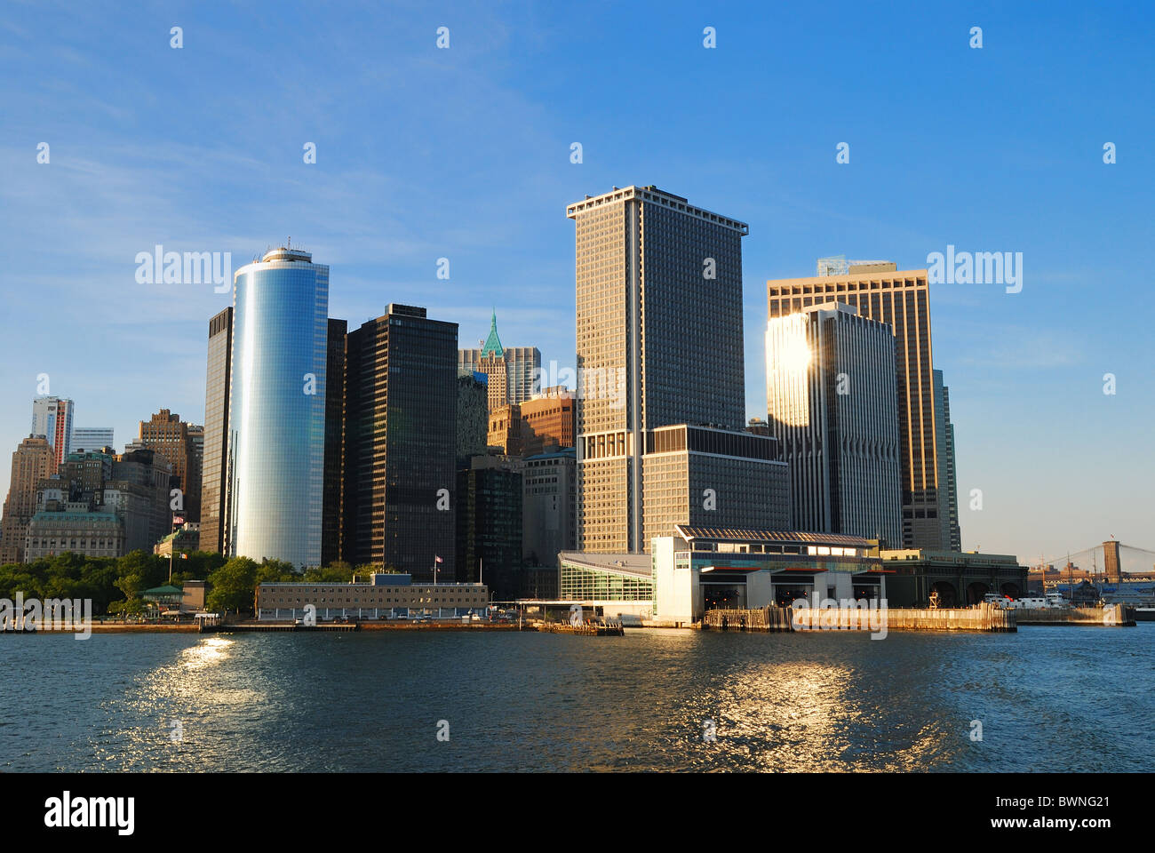 New York City Manhattan skyline at dusk over Hudson River with ...