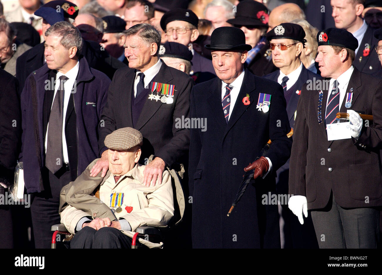 War veterans with their medals parade at the Cenotaph in Whitehall on Remembrance Sunday to commemorate the war dead Stock Photo