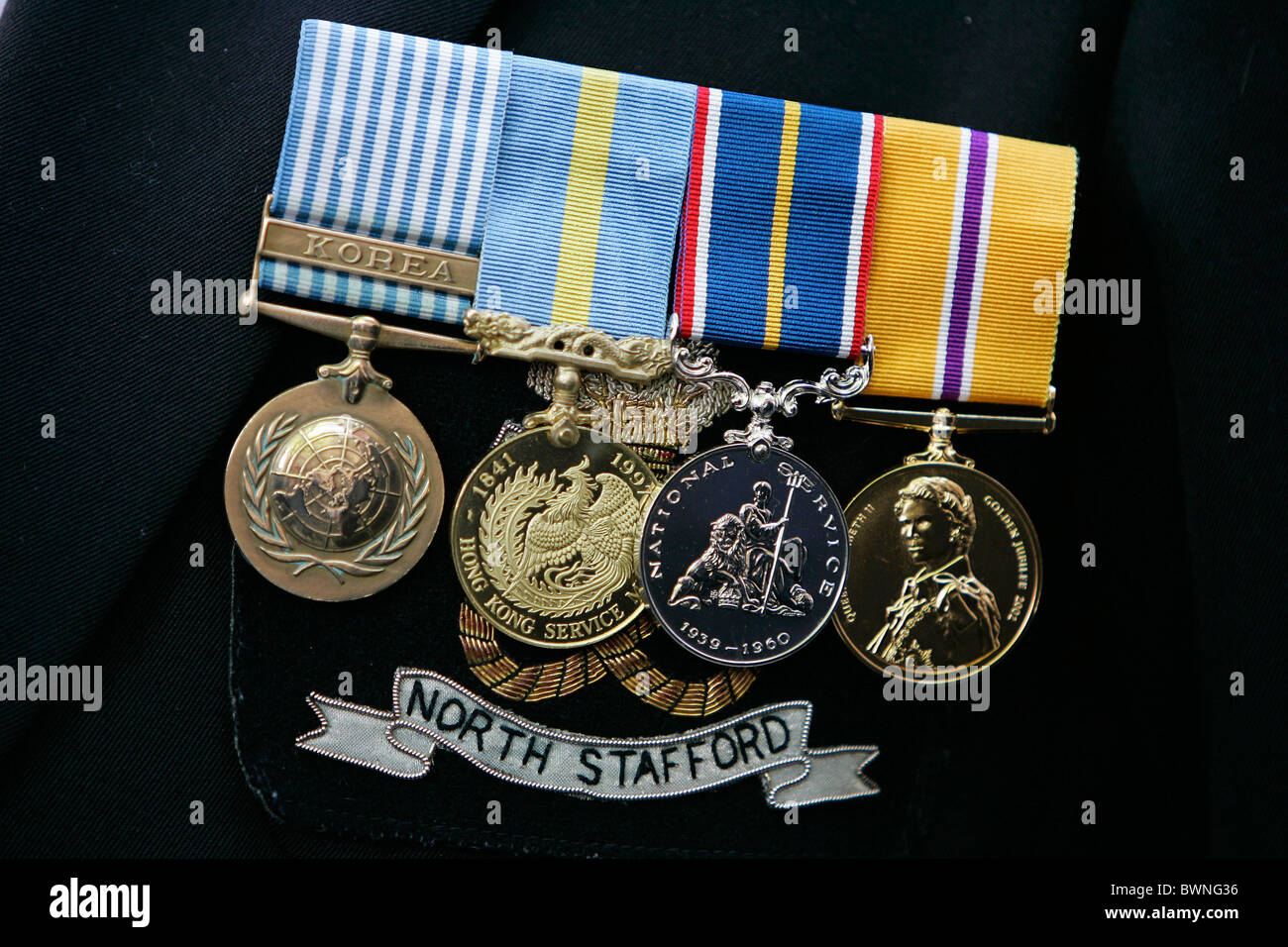 Medals for bravery worn by World War II veteran of North Stafford regiment at 60th Anniversary of Victory in Europe Day VE Day Stock Photo
