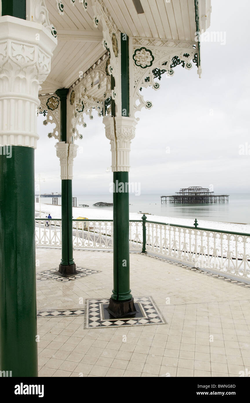 The shell of Brighton's west pier photographed from the Bedford square bandstand, known locally as the Birdcage Stock Photo