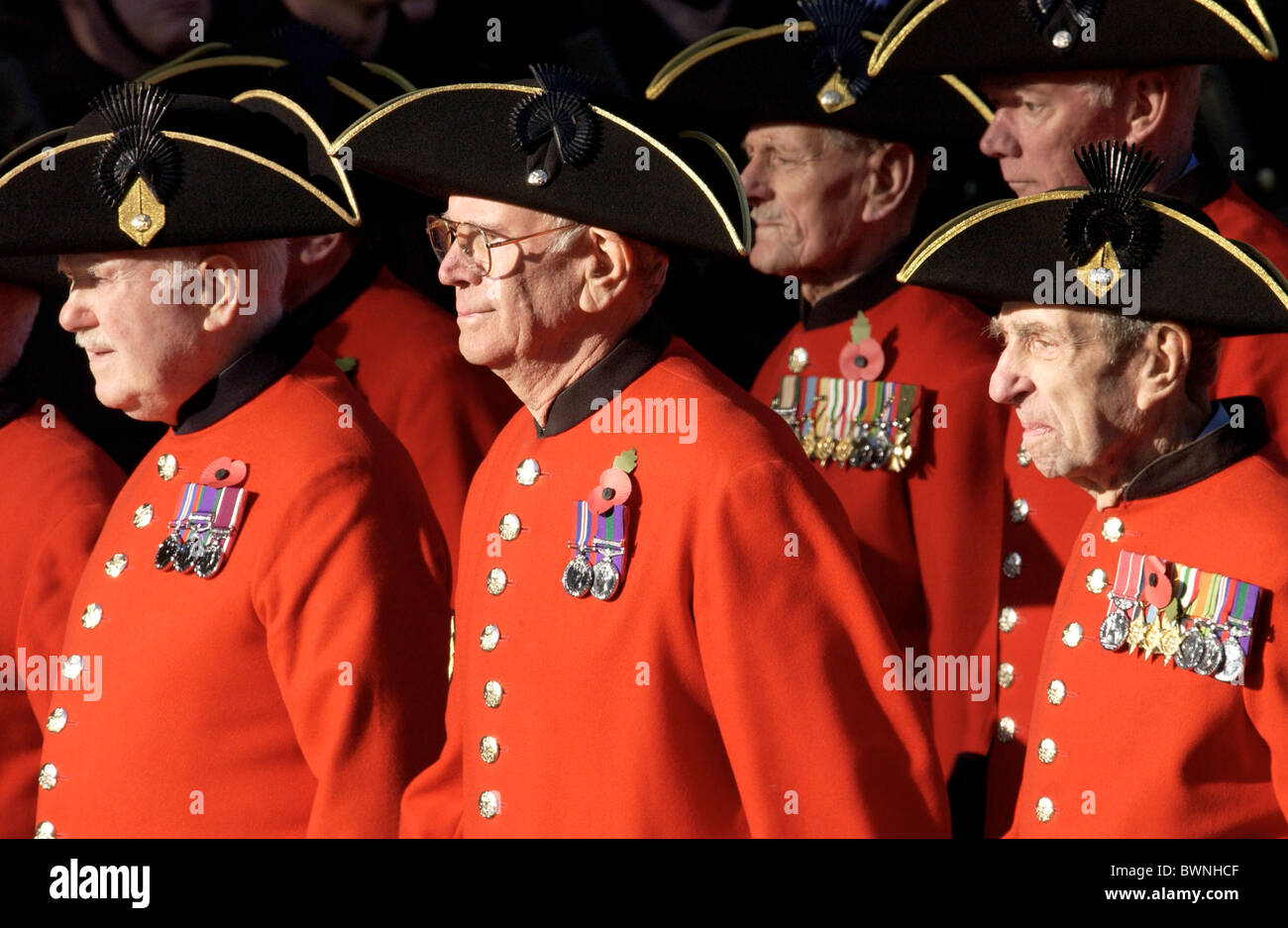 Chelsea Pensioners war veterans with medals and poppies at Cenotaph in Whitehall on Remembrance Sunday to commemorate war dead Stock Photo