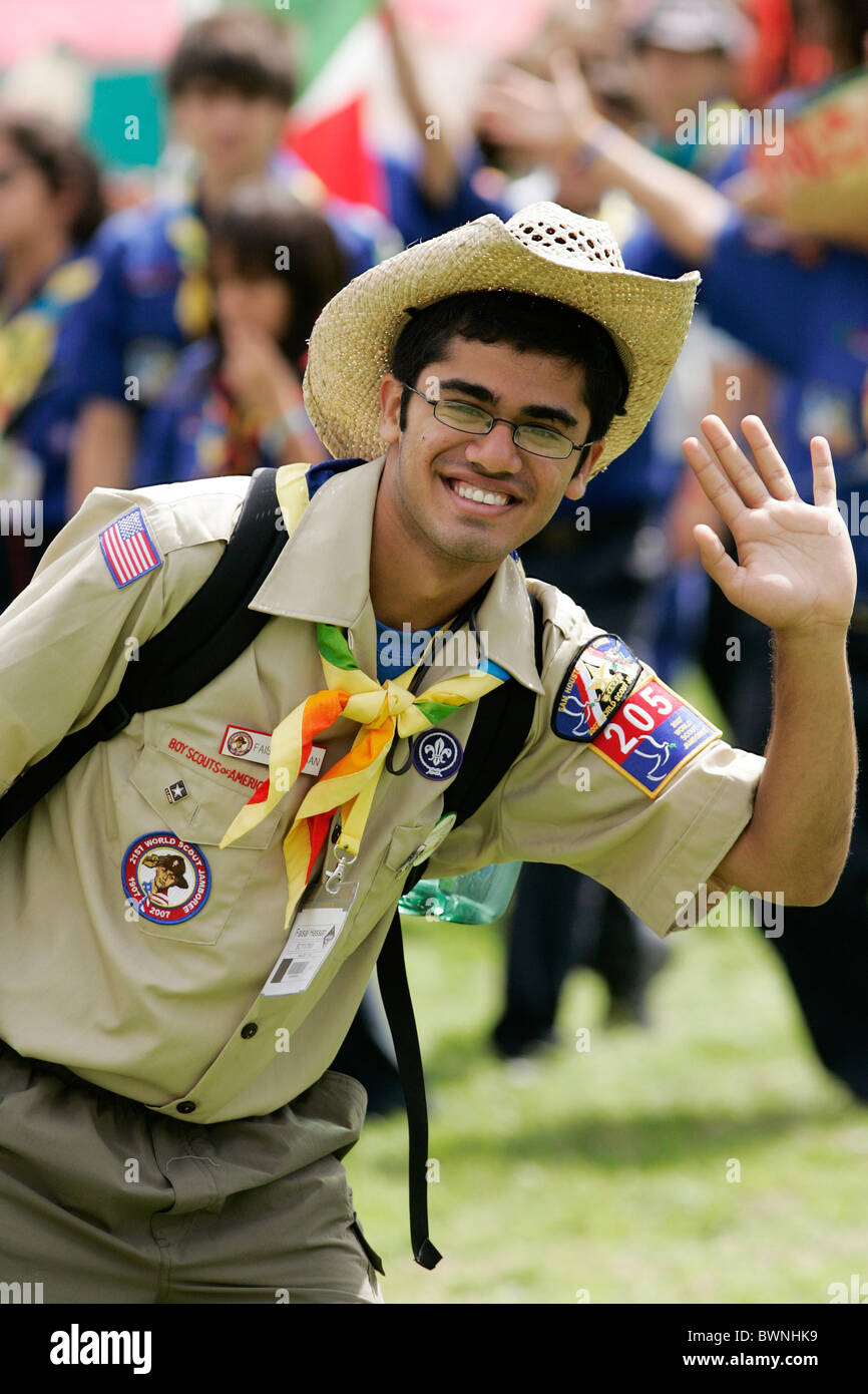 Scout waves as he attends the opening of the 21st World Scout Jamboree at Hylands Park Stock Photo