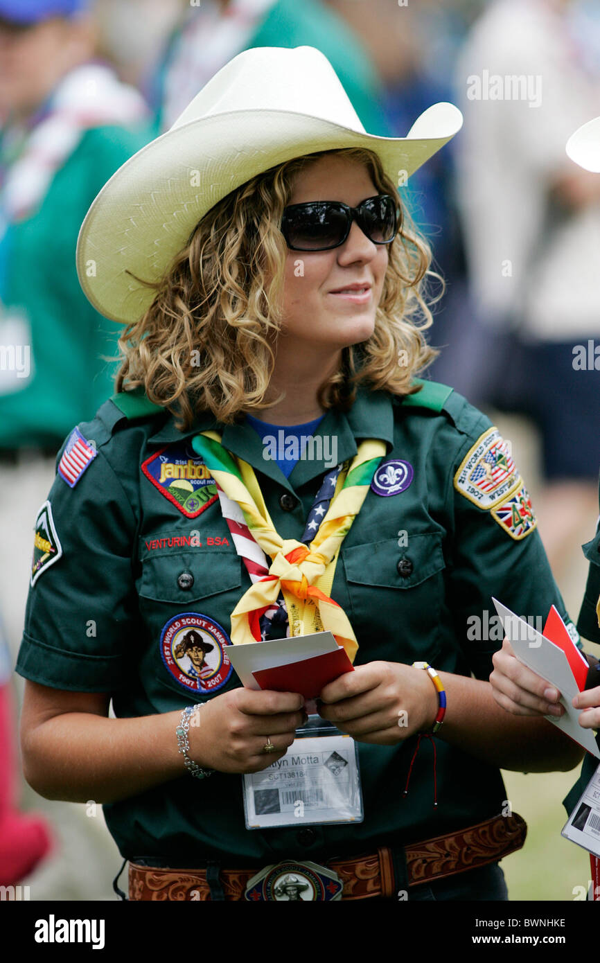 Girl scout attends the opening of the 21st World Scout Jamboree at Hylands Park Stock Photo