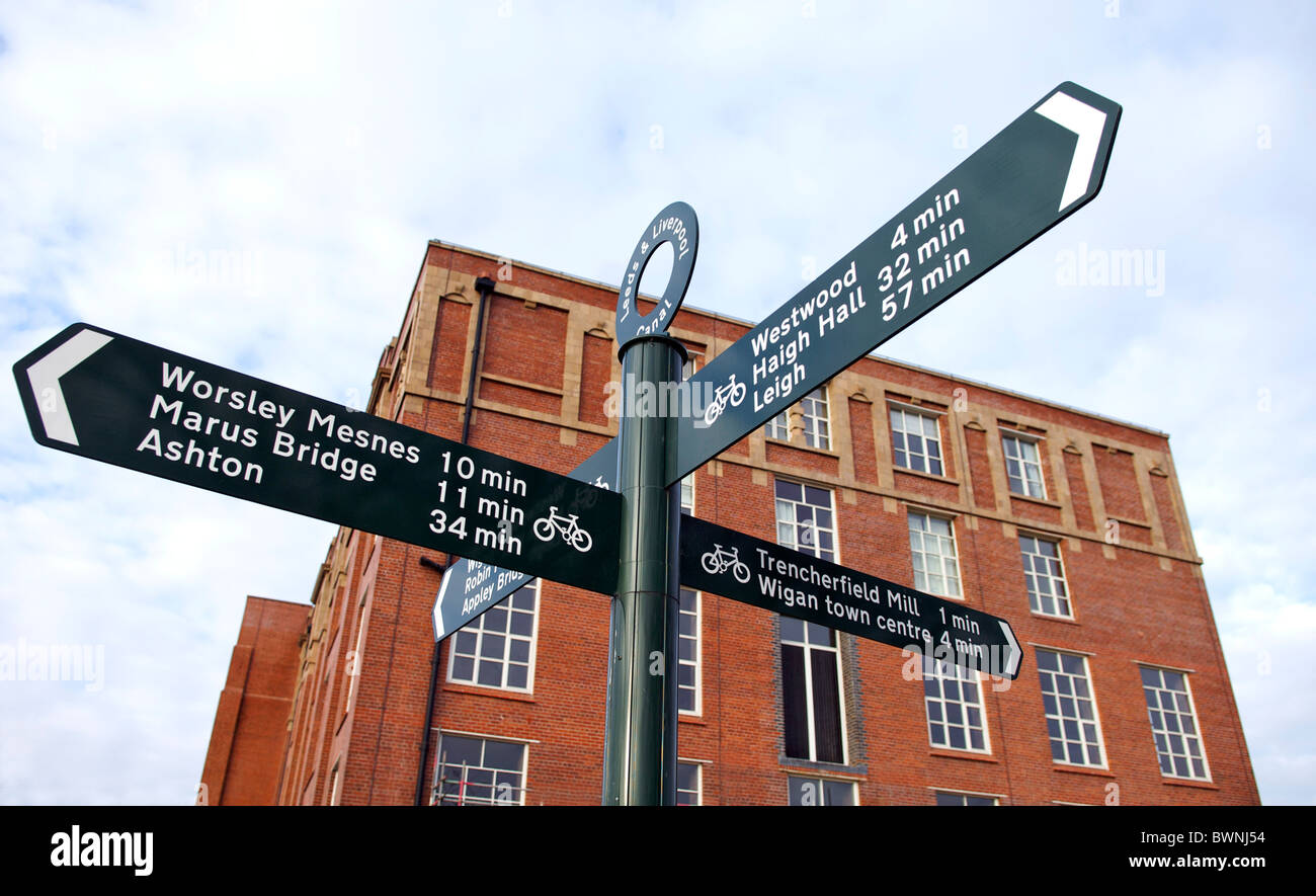 Directions sign and Trencherfield Mill, Wigan. Stock Photo
