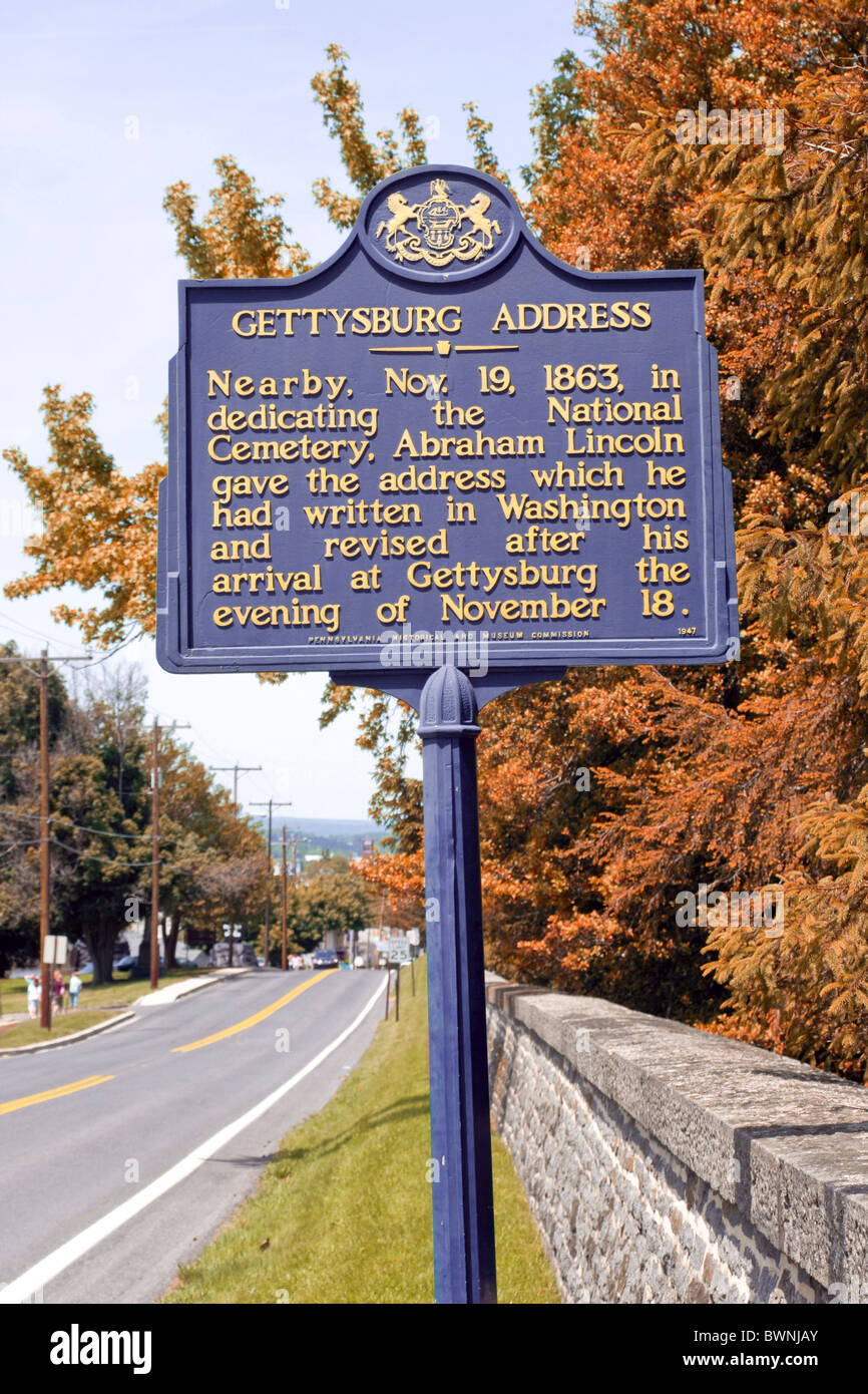 Historical placard about the Gettysburg Address in 1863 at Gettysburg