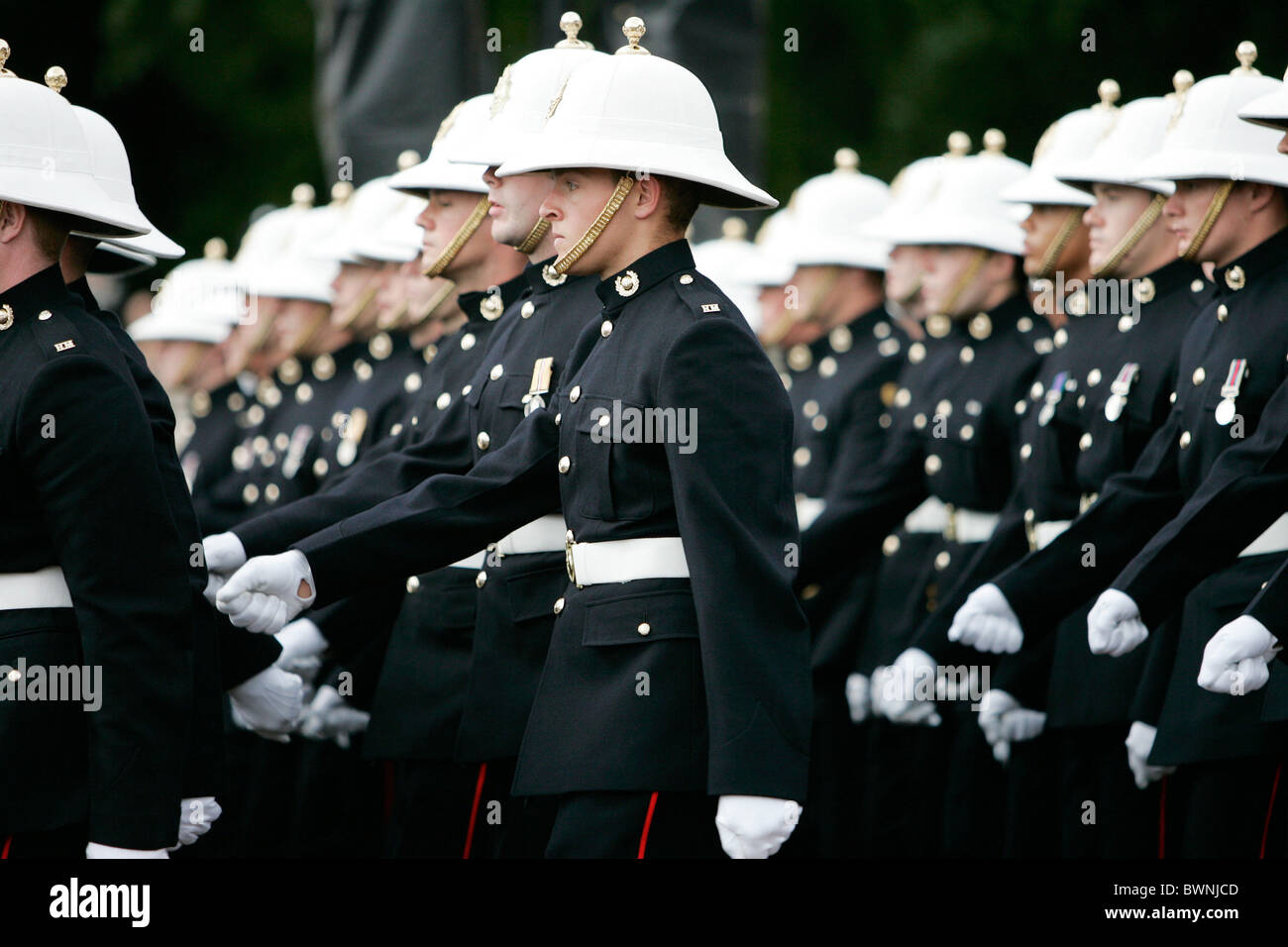 Members of the Royal Marines march at the Falklands Veterans Parade in London Stock Photo
