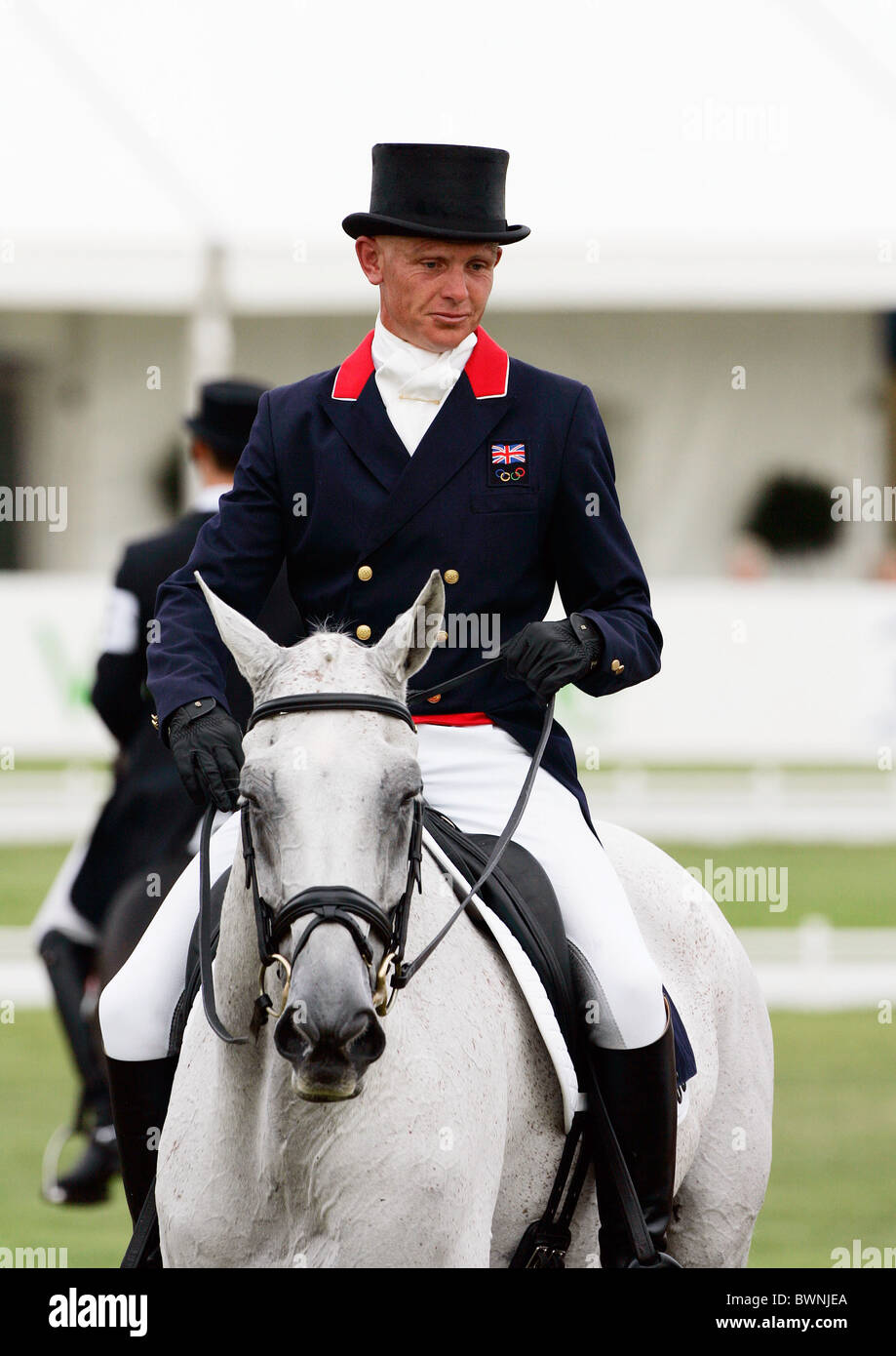 Leslie Law, Olympic Eventing Champion competes in dressage for British team at European Eventing Championships, Blenheim Palace Stock Photo