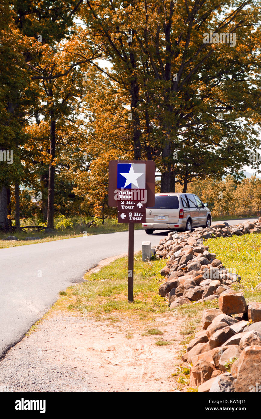 Auto tour battlefield route sign in Gettysburg Pennsylvania PA in early
