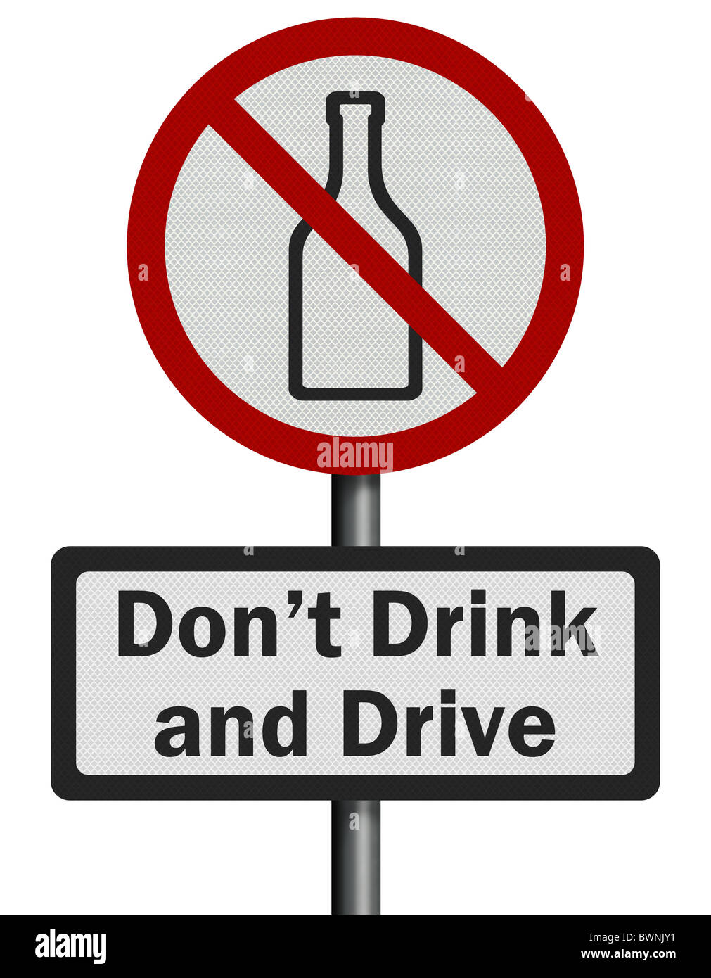 Photo realistic reflective metallic 'don't drink and drive' sign, isolated on a pure white background. Stock Photo