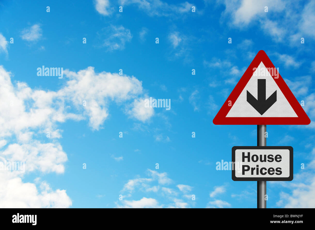 Photo realistic bright, clean 'falling house prices' sign with space for your text / editorial overlay Stock Photo
